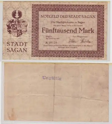 5000 Mark Banknote Stadt Girokasse Sagan Schlesien 8.02.1923 (135680)