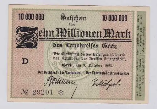 10 Millionen Mark Banknote Inflation Landkreis Greiz 3.10.1923 (126304)