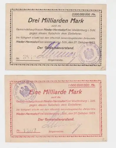 1 & 3 Mrd. Mark Banknoten Nieder-Hermsdorf bei Waldenburg i.Schl. 1923 (135225)