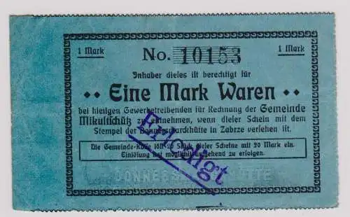 1 Mark Banknote Notgeld Mikultschütz Donnersmarckhütte in Zabrze um 1920(120911)
