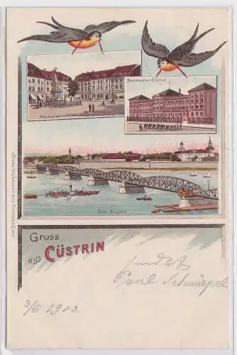 96227 Ak Lithographie Gruß aus Cüstrin Kostrzyn nad Odrą Kaserne, Marktplatz1903