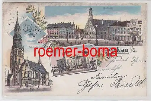 77527 Ak Lithografie Gruss aus Zwickau i.S. Hauptmarkt, Bahnhof, Kirche 1900