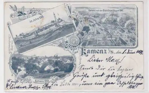 94765 Mehrbild Ak Gruß aus Kamenz nach dem Brande am 7.August 1842, 1899