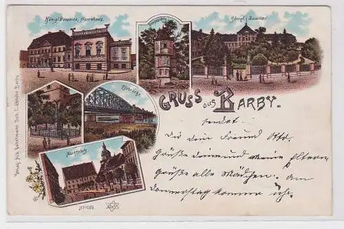 89493 Lithografie AK Gruss aus Barby - Elbbrücke, Marktplatz, Herrnhaus 1903