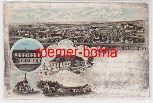 75678 Ak Lithografie Gruss aus Neukirchen Gasthaus, Rittergut, Schule usw. 1904