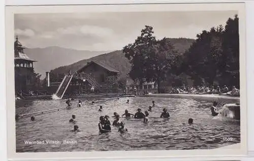 79723 AK Warmbad Villach, Bassin - Bergpanorama mit badenden Menschen um 1940