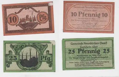 10 und 25 Pfennig Banknote Notgeld Gemeinde Neunkirchen Saar 1920 (141052)