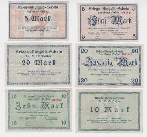 5,10 und 20 Mark Banknoten Kriegsgeld Stadt Passau Oktober 1918 (141316)