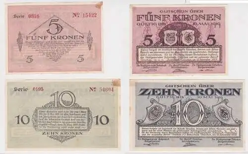 5 & 10 Kronen Banknote Stadtgemeinde Tetschen Bodenbach 1919 (140180)