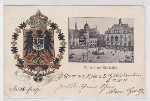 907047 Wappen Ak Gruss aus Halle a.S. - Rathaus und Ratskeller 1900
