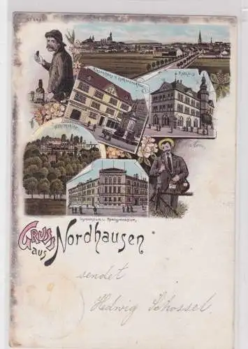 907571 Lithographie Ak Gruss aus Nordhausen - Riesenhaus, Lutherdenkmal, Rathaus