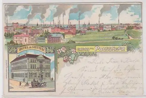 904133 Ak Lithographie Gruß aus Pössneck Hotel zum Ritter 1900