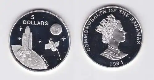 5 Dollar Silber Münze Bahamas 1994 Spaceshuttle and Satellite PP (164358)