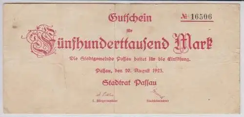 500000 Mark Banknote Inflation Stadt Passau 20.08.1923 (154038)