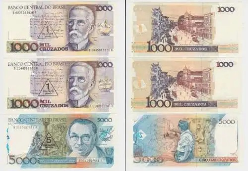 2x 1 und 5 Cruzado Novo auf 1000, 5000 Cruzados Banknoten Brasilien (154446)