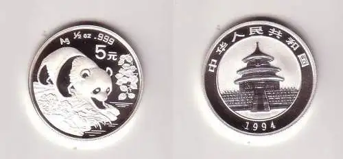 5 Yuan Silber Münze China 1994 Panda 1/2 Unze Silber (116376)
