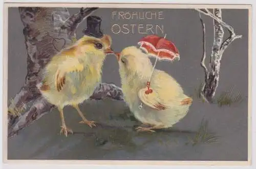 47957 Präge AK Fröhliche Ostern verliebtes Küken Paar beim küssen 1909