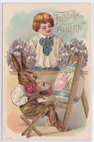 16330 Präge AK Fröhliche Ostern Kind schaut Hasen beim Eier bemalen zu 1900