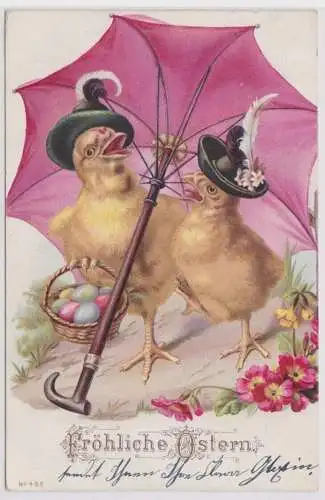 14698 Präge AK Fröhliche Ostern 2 Küken mit Hüten unter Regenschirm 1900