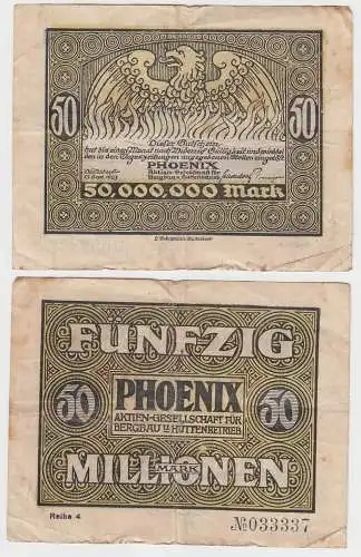 Banknote 50 Millionen Mark Düsseldorf Bergbau Hüttenbetrieb Phönix 1923 (113686)