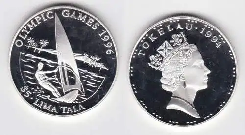 5 Tala Silber Münze Tokelau Olympiade 1996 Atlanta Windsurfer 1994 (141335)