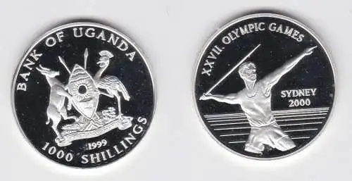 1000 Shillings Silber Münze Uganda 1999 Olympiade Sydney 2000 Speerwurf (141207)