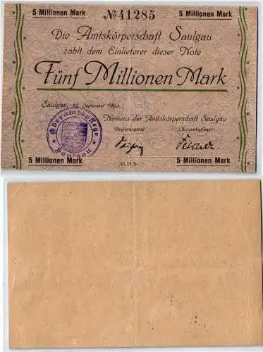 5 Millionen Mark Banknote Amtskörperschaft Saulgau 14.09.1923 (120439)