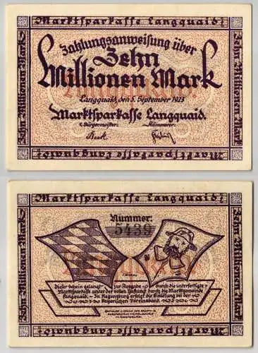 10 Millionen Mark Banknote Inflation Marktsparkasse Langquaid 5.9.1923 (123171)