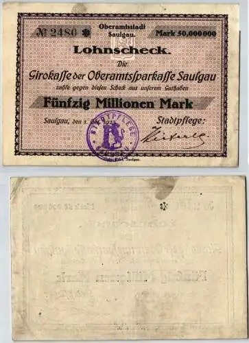 50 Millionen Mark Banknote Girokasse Oberamtssparkasse Saulgau 1.10.1923(121269)
