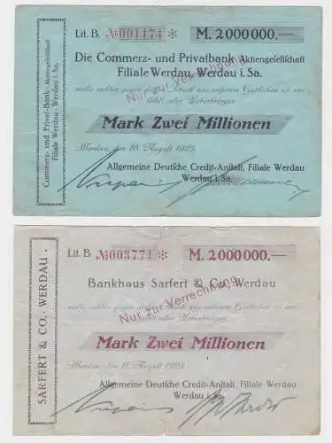 2 x 2 Millionen Mark Banknote Inflation Commerzbank Werdau 10.08.1923 (136171)