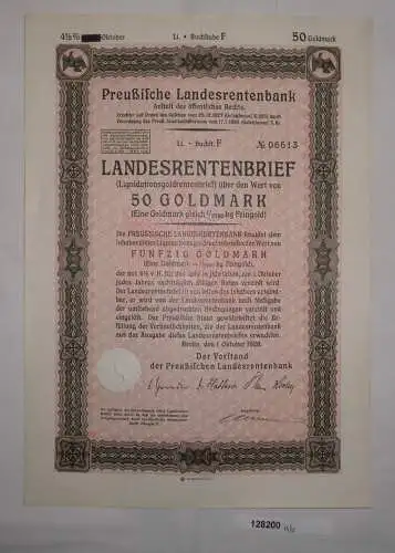 50 Goldmark Aktie Preußische Landesrentenbank Berlin 1. Oktober 1928 (128200)
