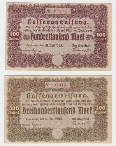 100000 & 300000 Mark Banknoten Stadthauptkasse Hannover 31.7.1923 (136093)