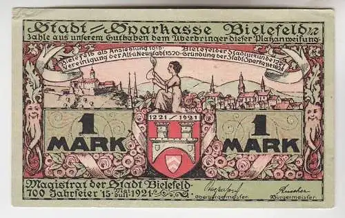 1 Mark Banknote Notgeld Stadt Sparkasse Bielefeld 1921 (110202)