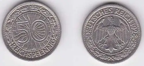 50 Pfennig Nickel Münze Weimarer Republik 1928 A (122678)