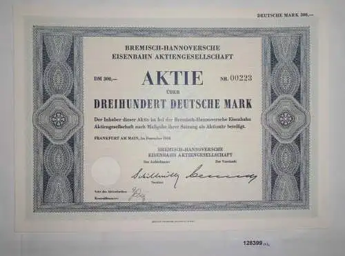 300 Mark Aktie Bremisch-Hannoversche Eisenbahn AG Frankfurt Dez. 1958 (128399)