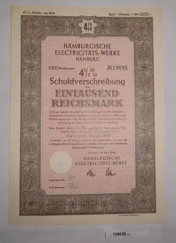 1000 Reichsmark Schuldverschreibung Hamburgische Electricitäts-Werke (129038)