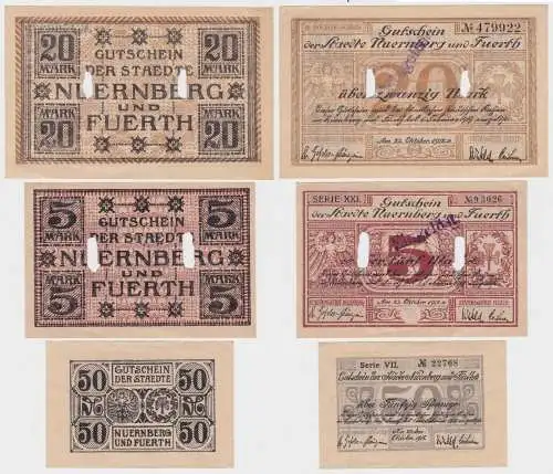 50 Pf-20 Mark Banknoten Notgeld Städte Nürnberg & Fürth 23.Oktober 1918 (140003)