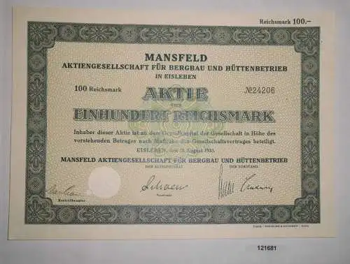 100 RM Aktie Mansfeld AG für Bergbau und Hüttenbetrieb Eisleben 1933 (121681)