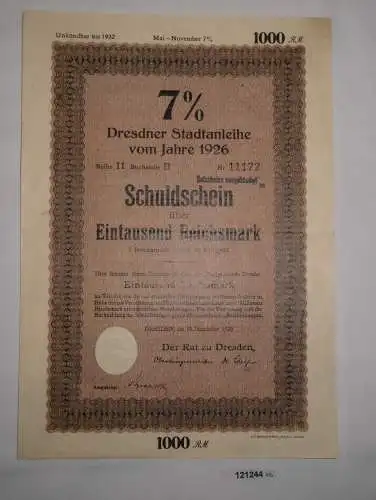 1000 Reichsmark Schuldschein Dresdner Stadtanleihe 15. Dezember 1926 (121244)