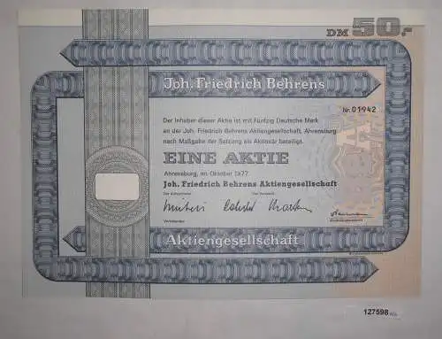 50 Mark Aktie Joh.Friedrich Behrens AG Ahrensburg Oktober 1977 (127598)