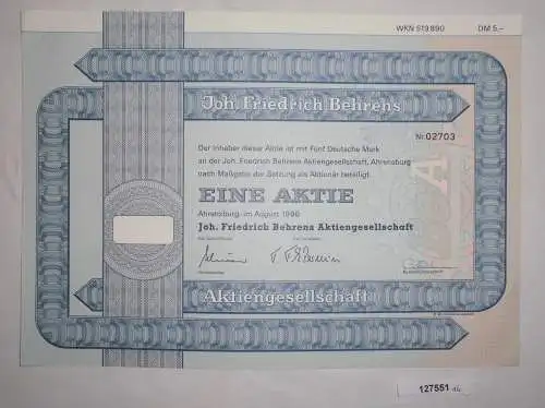 5 Mark Aktie Joh.Friedrich Behrens AG Ahrensburg August 1996 (127551)