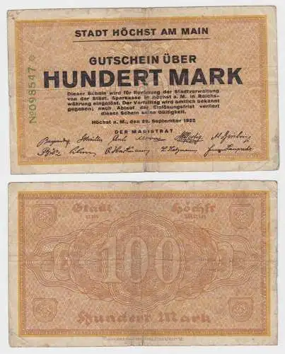 100 Mark Banknote Stadt Höchst am Main 29.9.1922 (140359)