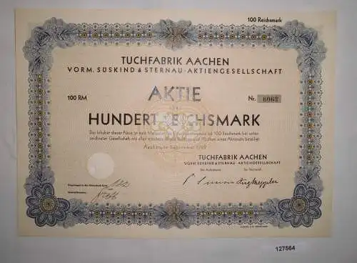 100 RM Aktie Tuchfabrik Aachen vorm.Süskind & Sternau September 1929 (127564)