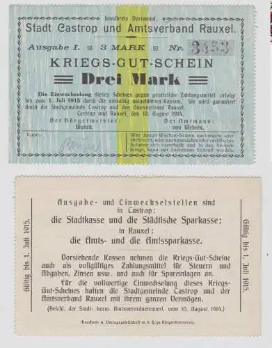 3 Mark Banknote Großnotgeld Kriegsgutschein Castrop und Rauxel 1914 (137626)