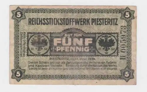 5 Pfennig Banknote Notgeld Reichsstickstoffwerk Piesteritz 1.7.1919  (136367)