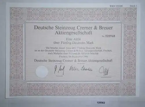 50 Mark Aktie Deutsche Steinzeug Cremer & Breuer AG Frechen Sept. 1994 (128363)
