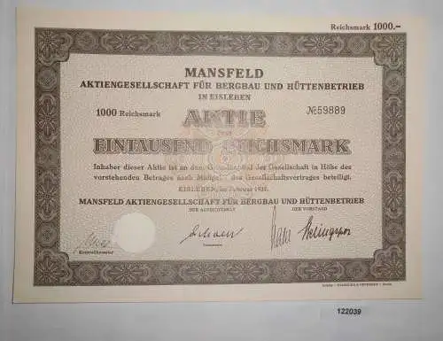 1000 RM Aktie Mansfeld AG für Bergbau und Hüttenbetrieb Eisleben 1937 (122039)