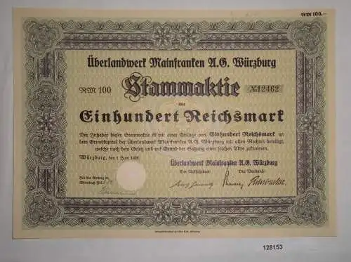100 RM Aktie Überlandwerk Mainfranken AG Würzburg 1. Juni 1938 (128153)