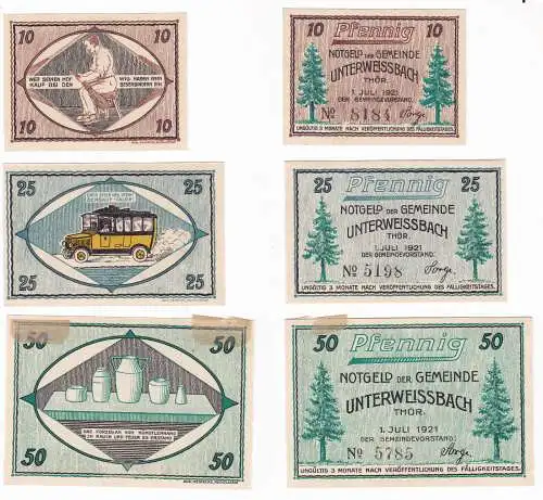 3 Banknoten Notgeld Gemeinde Unterweisbach 1.Juli 1921 (129852)