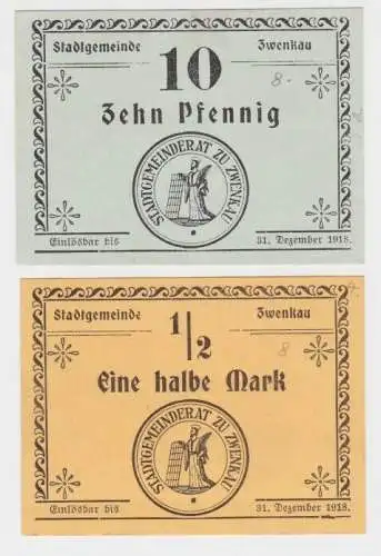 10 Pfennig und 1/2 Mark Banknoten Notgeld Stadt Zwenkau o.D. 1918 (115890)